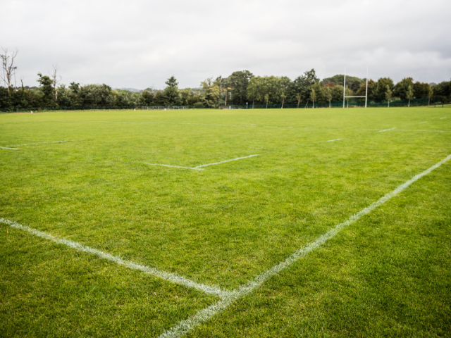 A green, well-maintained rugby field, with clearly marked lines and goalposts in the distance under cloudy skies. 