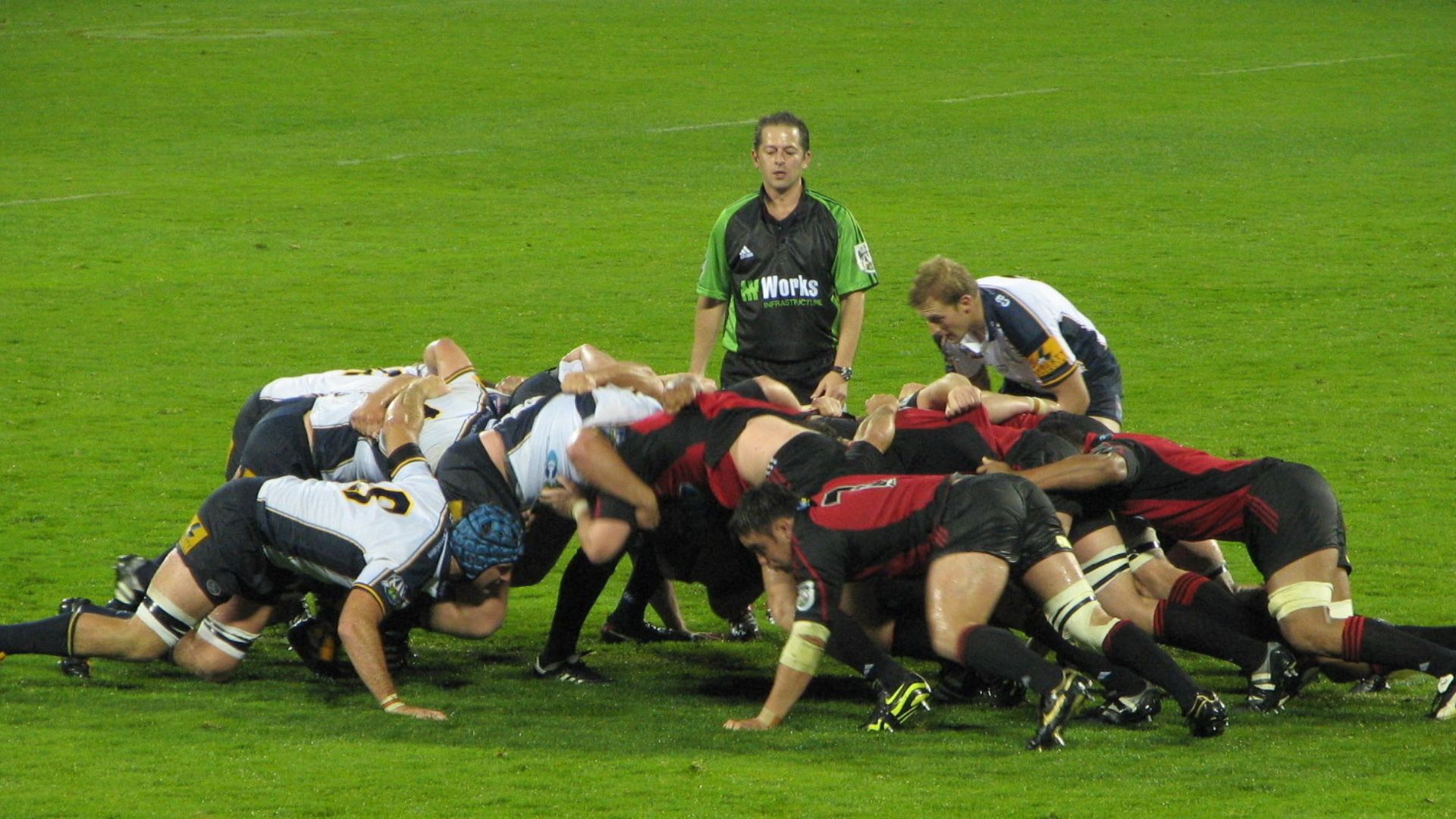 A scrum between the Crusaders and the Brumbies