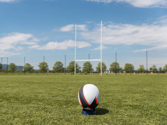 A rugby ball on a tee in the middle of a green field.