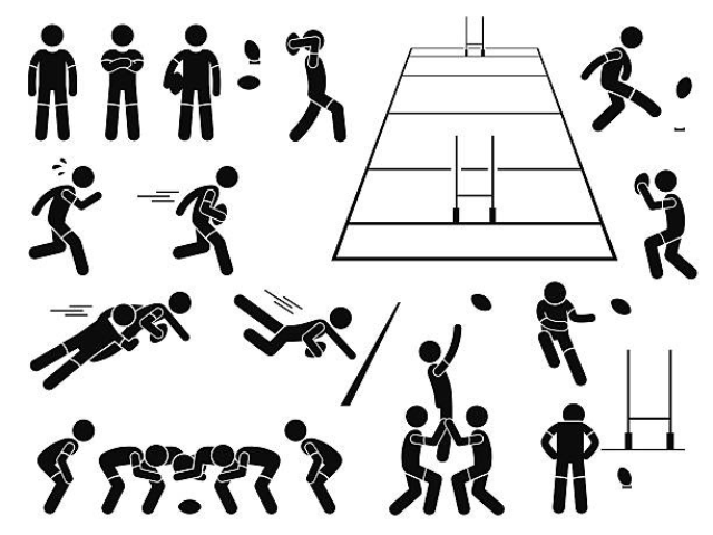 Illustration of stick figures showing different rugby actions and movements.