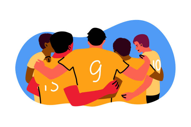 Cartoon of rugby players huddling with numbers on their backs.