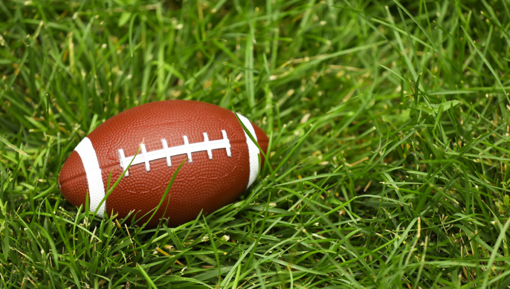 A rugby ball sitting on a grassy field, symbolizing the beginning of a great game.