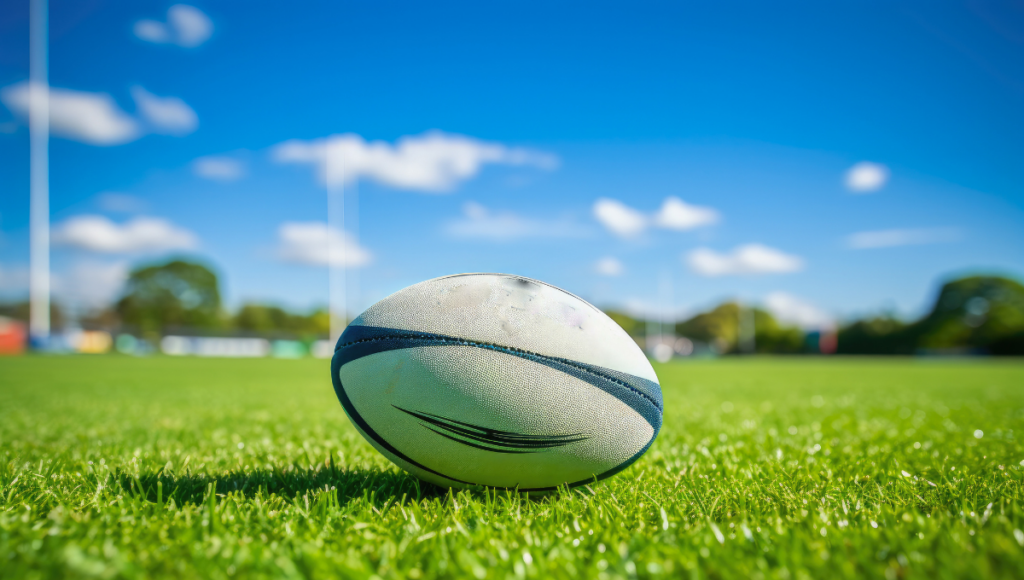 A classic rugby ball on a bright green field with blue skies in the background.