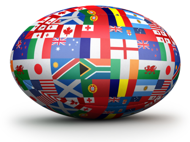 A rugby ball adorned with various international flags, symbolizing global participation in the sport.