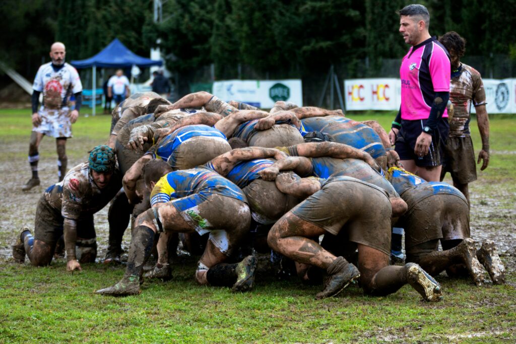 rugby players scrumming