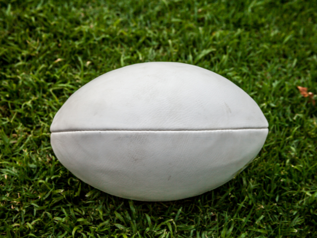 A white rugby ball resting on green grass.