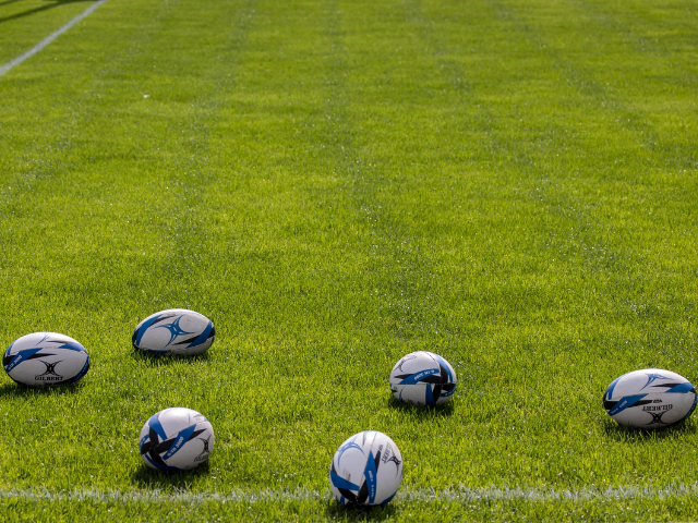 Multiple rugby balls scattered across the green field during a warm-up session.