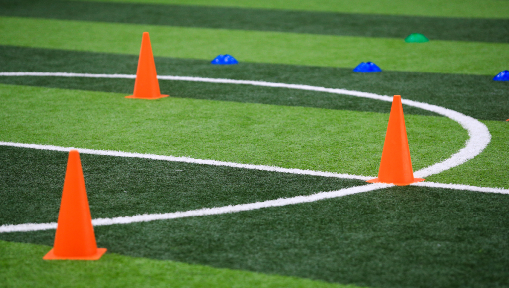 Orange cones placed in a circular formation on artificial turf, with blue and green markers in the background.