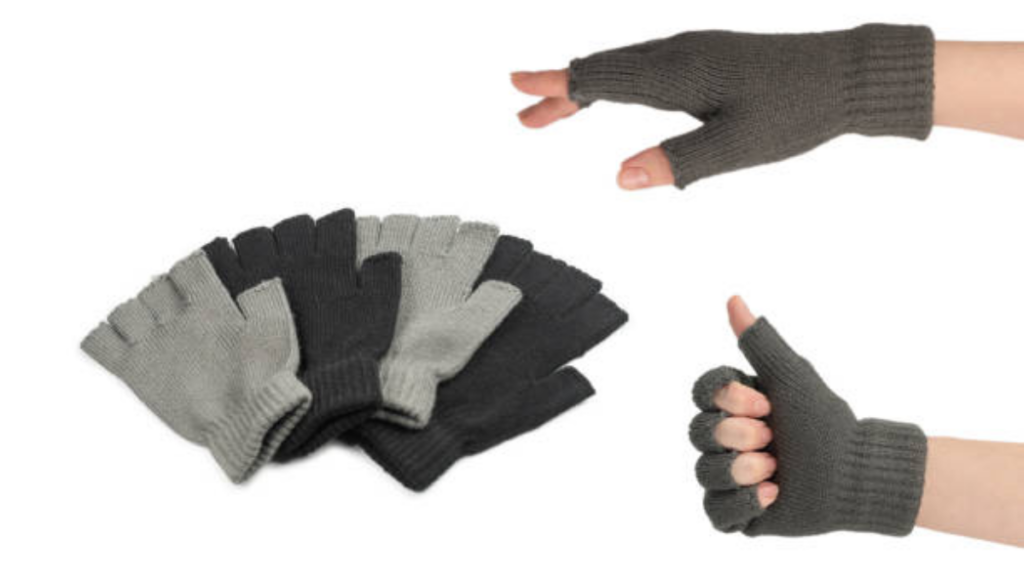 A set of grey and black fingerless gloves arranged in a fan shape, with one glove shown on a hand giving a thumbs-up.