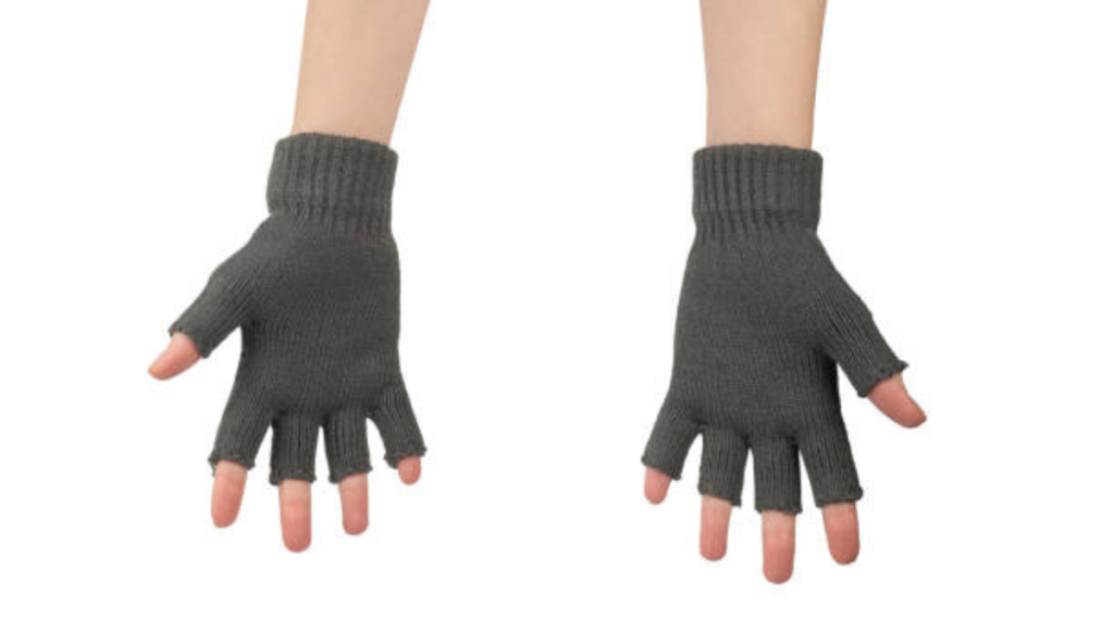 Image of two hands wearing gray fingerless knit gloves with all fingers visible.