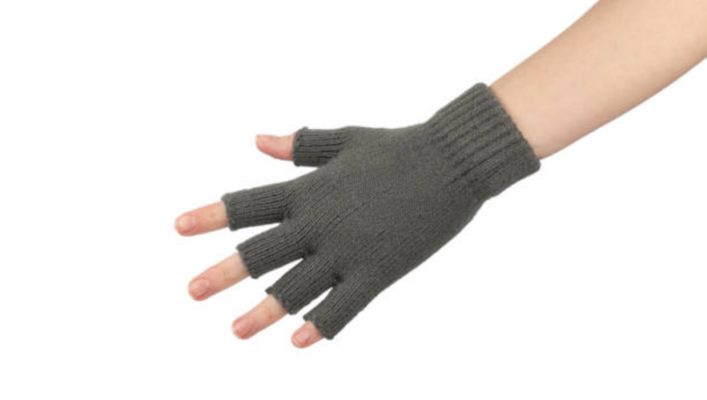 Gray fingerless glove worn on a hand, displayed with an outstretched palm.