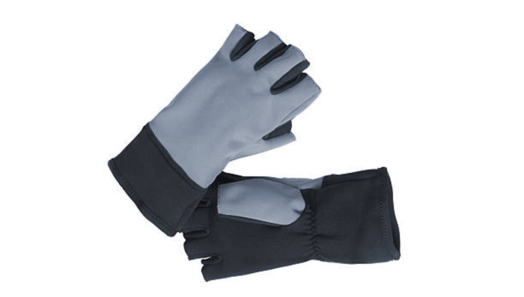 A pair of gray and black fingerless gloves on a white background.