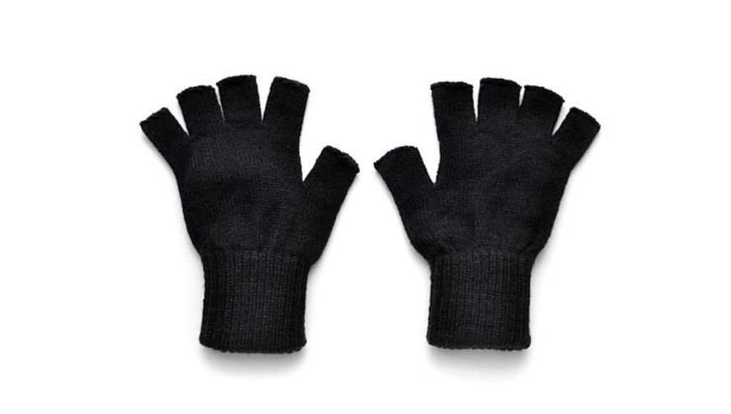 A pair of black fingerless wool gloves, lying flat and displayed against a white background.