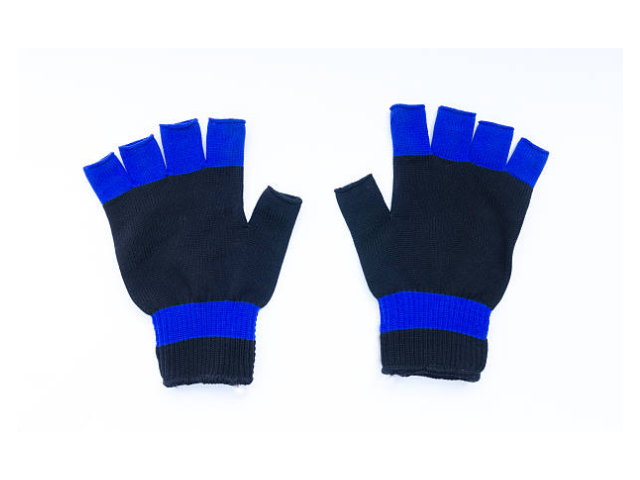 A pair of black and blue striped knit fingerless gloves laid flat against a white background.