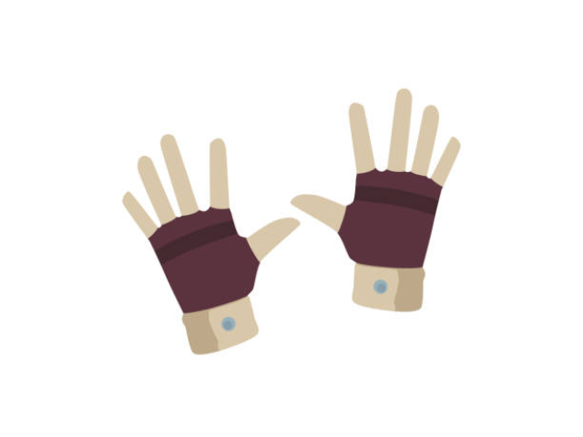 A vector illustration of a pair of fingerless gloves in beige and maroon colors, laid flat with both palms facing upward.