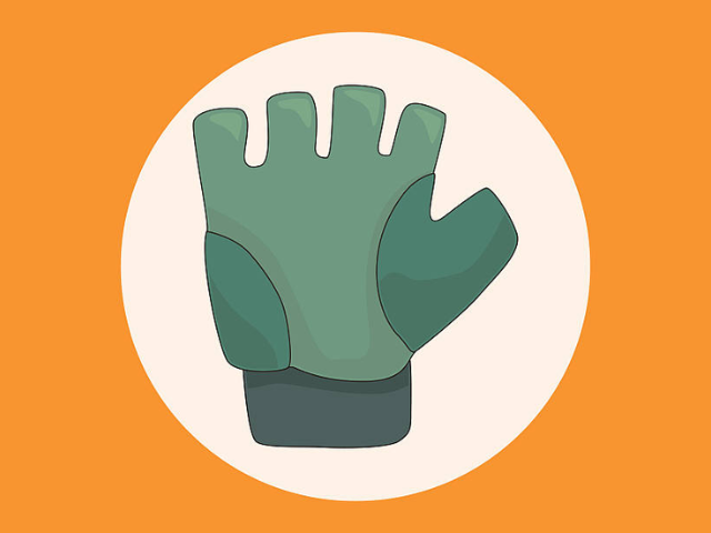 A simple illustration of a green fingerless glove, set against an orange background with a circular frame.