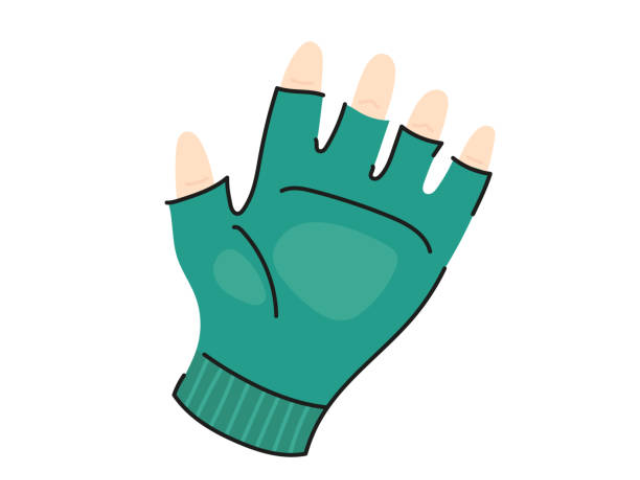 Illustration of a green fingerless glove with padded areas on the palm, displayed against an orange background with a circular frame.