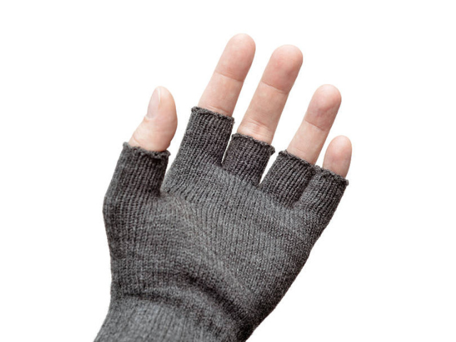 Close-up of a grey fingerless glove worn on a hand, showing the exposed fingertips.