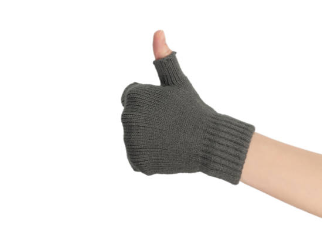 Image of a hand wearing a gray fingerless glove giving a thumbs-up gesture.