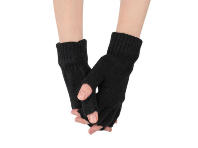 Black fingerless gloves worn on both hands, clasped together.