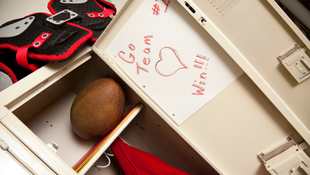 A locker with football gear and a handwritten "Go Team, Win!!!" note on the locker door.