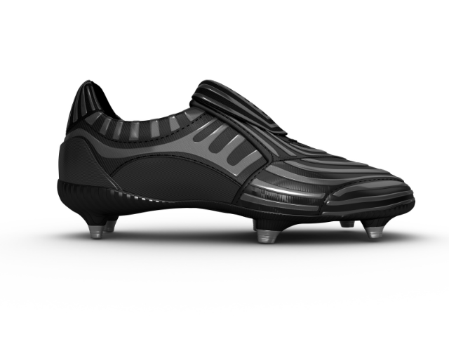 A sleek black rugby boot with textured design.