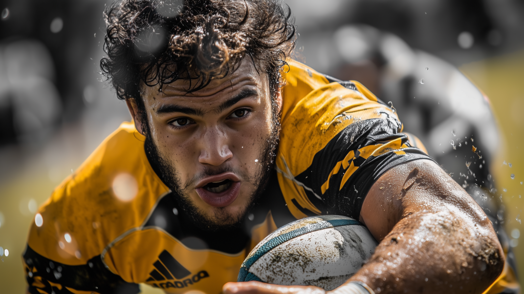 close up image of a rugby player during game