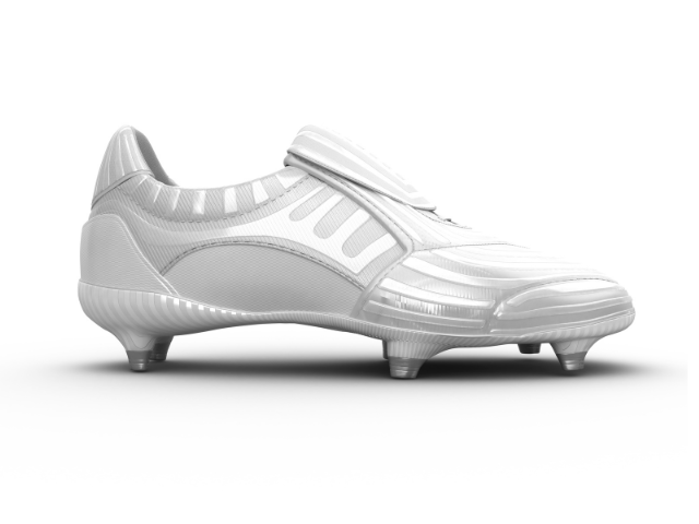 A white rugby boot with clean lines and sturdy studs, designed for optimal performance on the field.