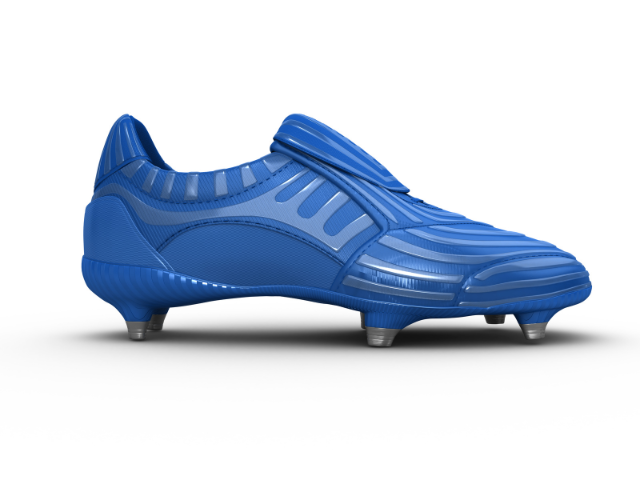 Blue rugby boot with studs designed for optimal performance on the field.