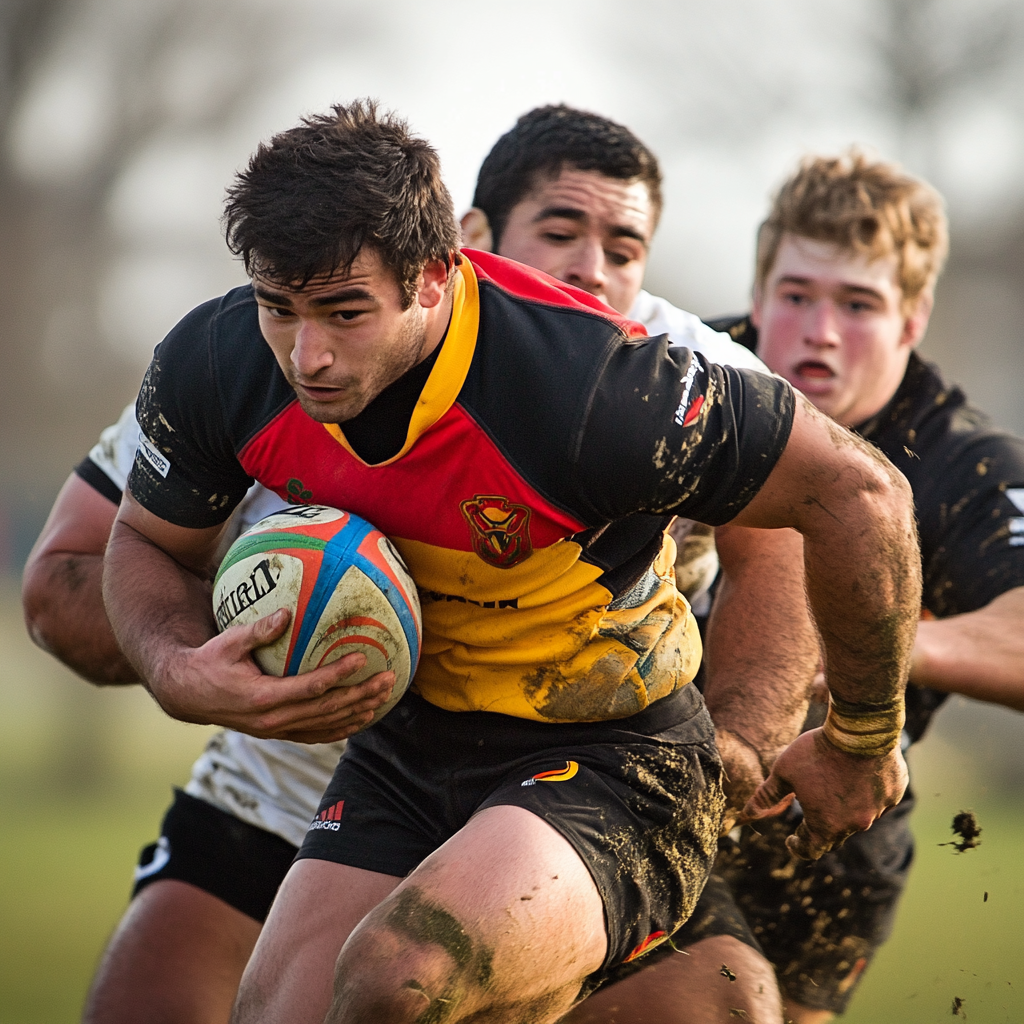 player with impact absorbing shoulder pads in a rugby scrum