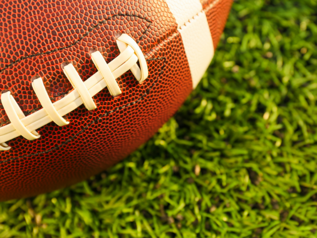 A close-up of a rugby ball's laces on a grassy field.