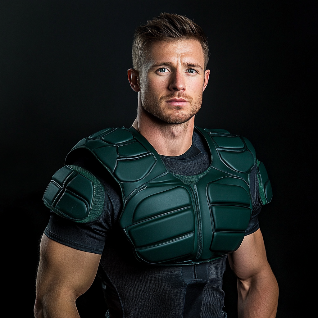 rugby player wearing shoulder pad vest