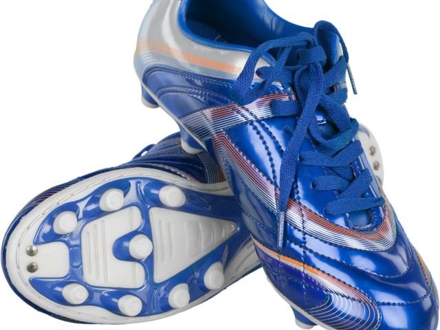 A pair of bright blue rugby boots with multi-colored stripes and sturdy cleats for grip.