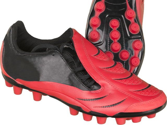 A black and red rugby boot with textured panels and a studded sole.