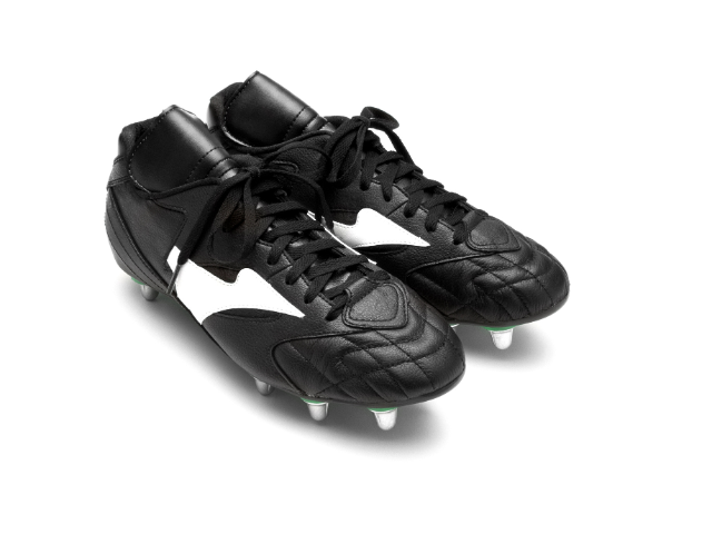 Classic black rugby boots with white stripes, known for durability and firm grip.